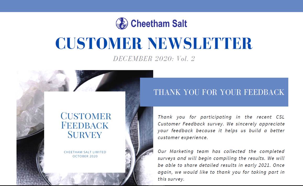 An image of the front page of the Cheetham Salt Customer Newsletter Vol 2 December 2020.