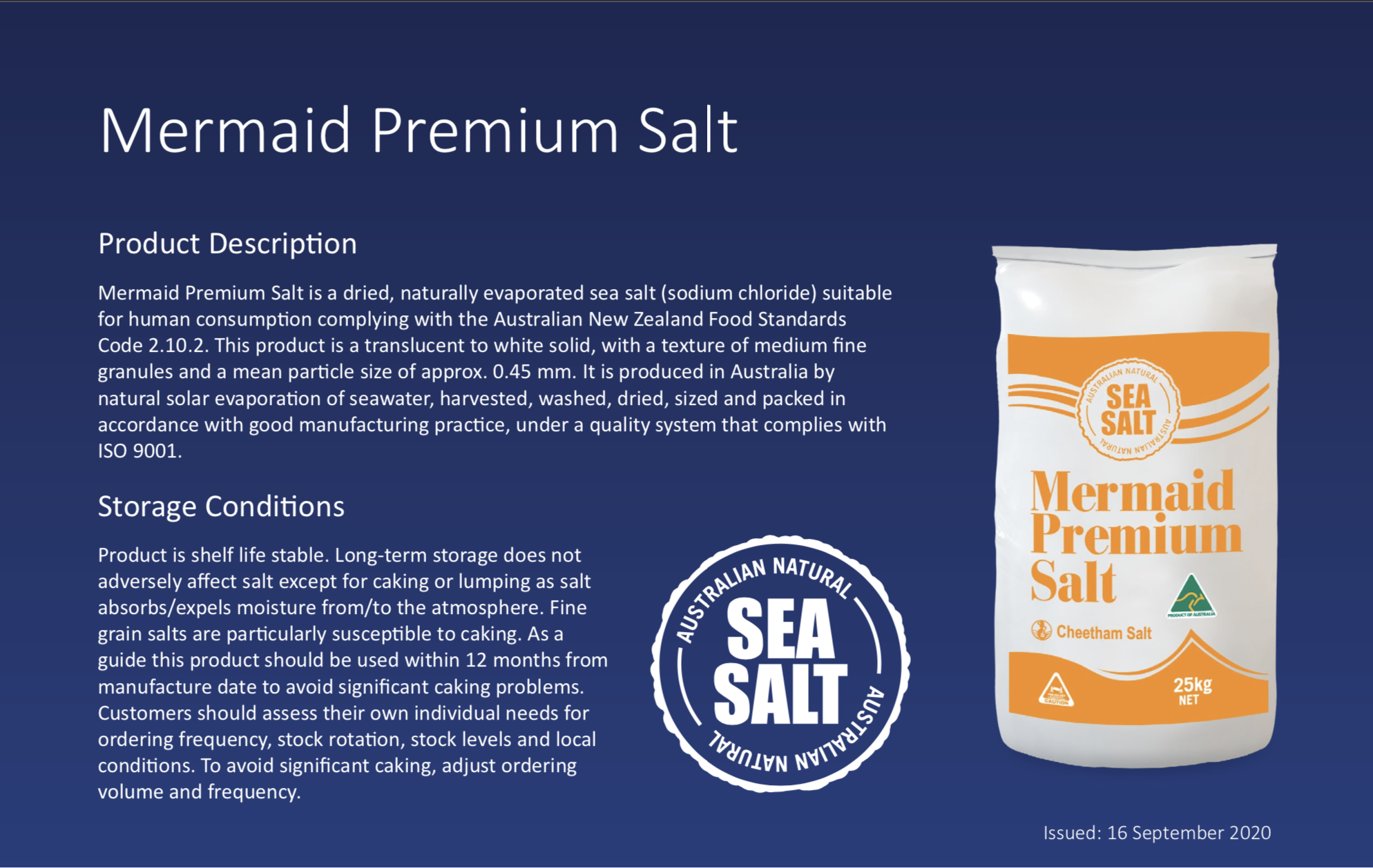 Mermaid Premium Salt product description. The product description includes an image of the product and storage information.