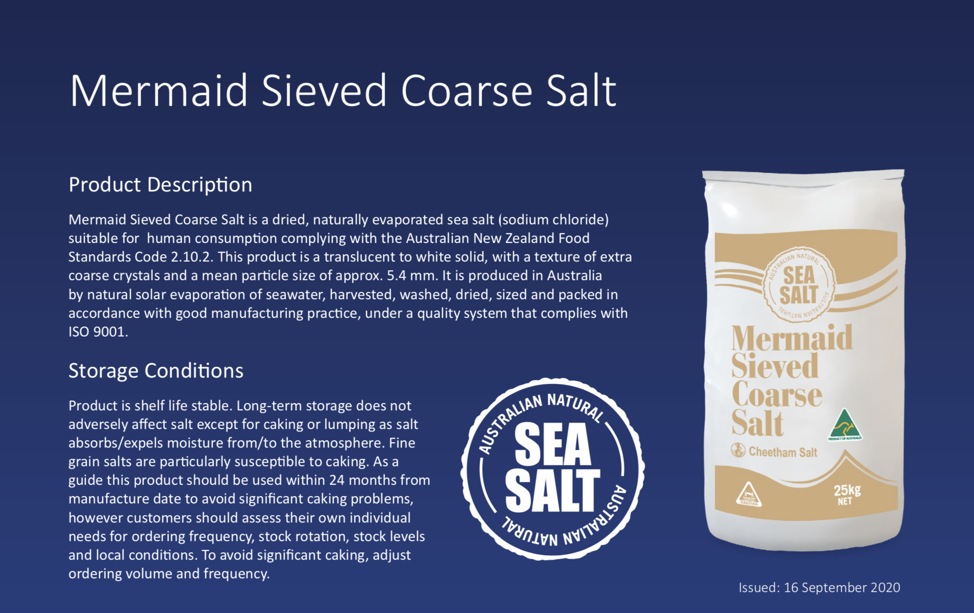 Product description for Mermaid Sieved Coarse Salt. The product description includes storage information and details of the food grade salt.
