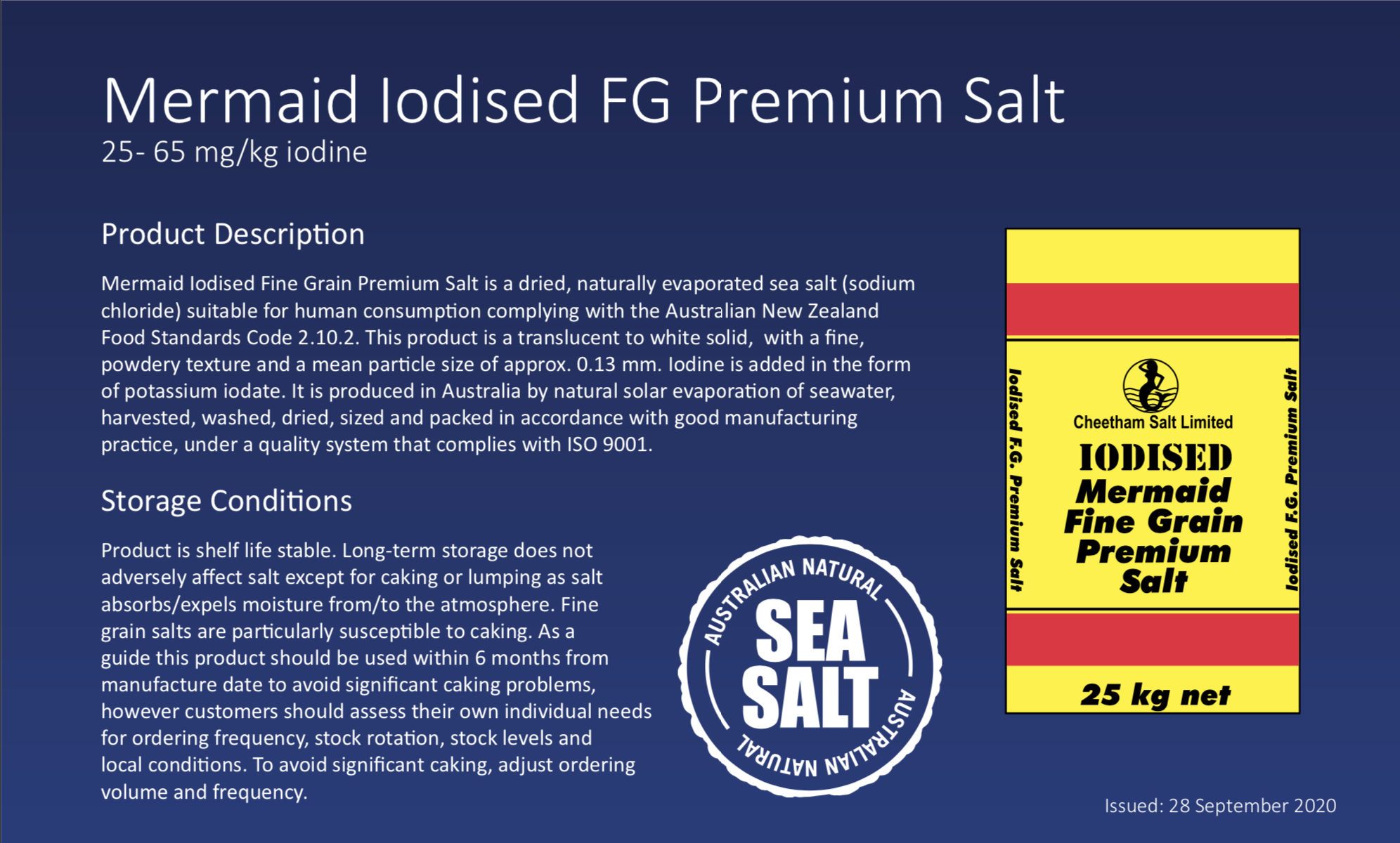 An image of Mermaid Iodised FG premium salt product description and storage conditions