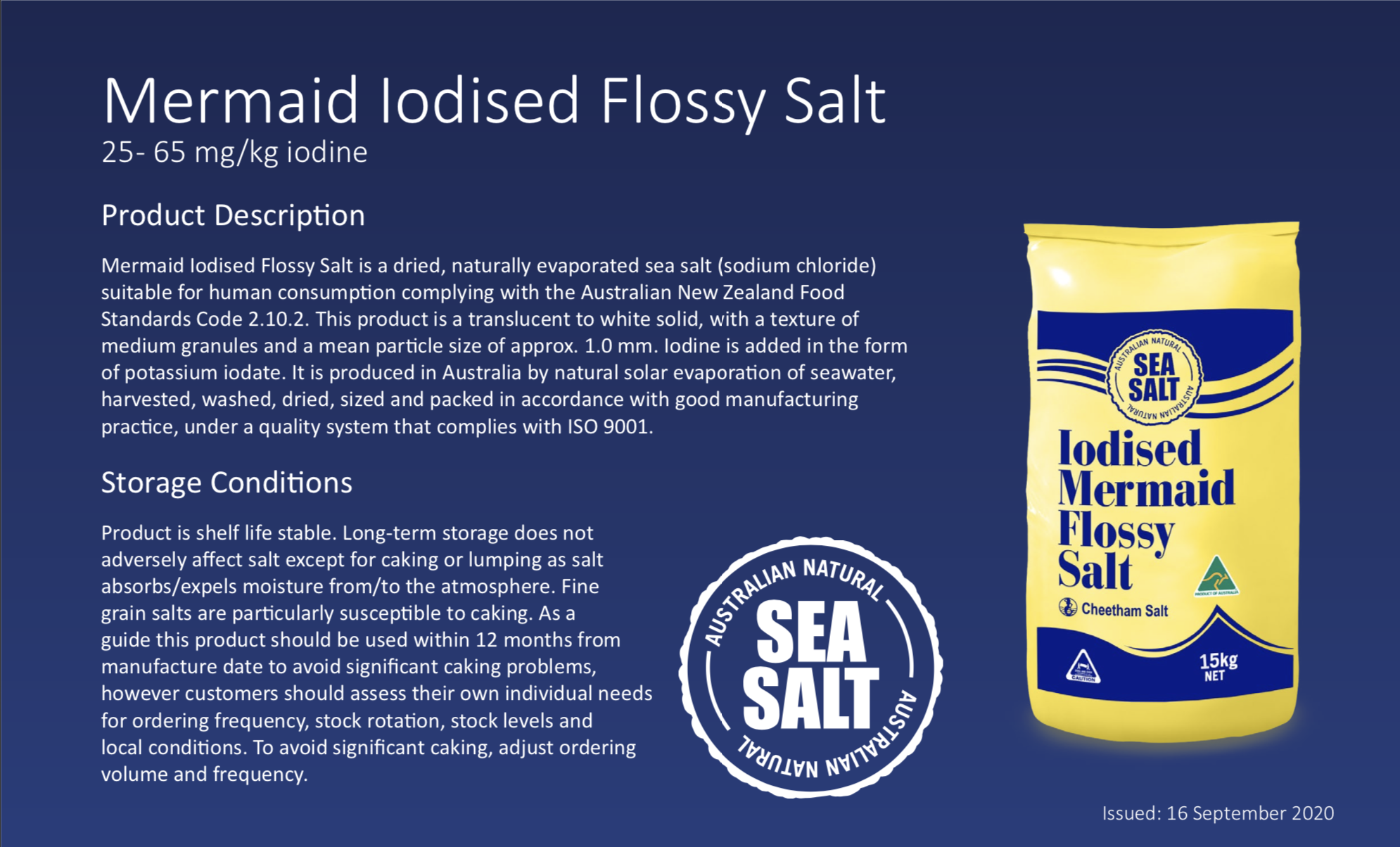 An image of Mermaid Iodised Flossy Salt product description and storage conditions