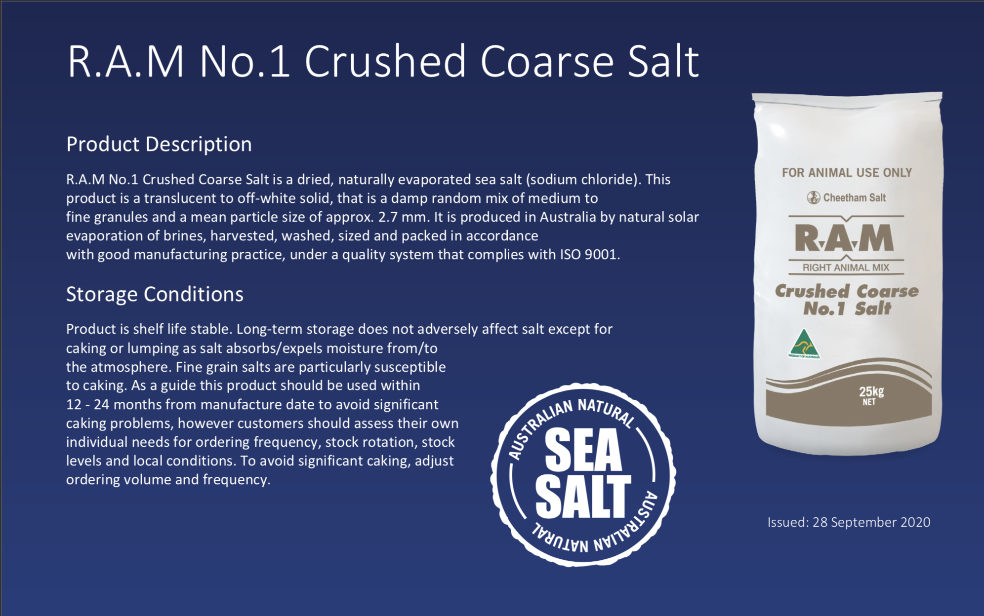 R.A.M. No.1 Crushed Coarse Salt product description. The product description includes details about storage and how to use in stockfeed.