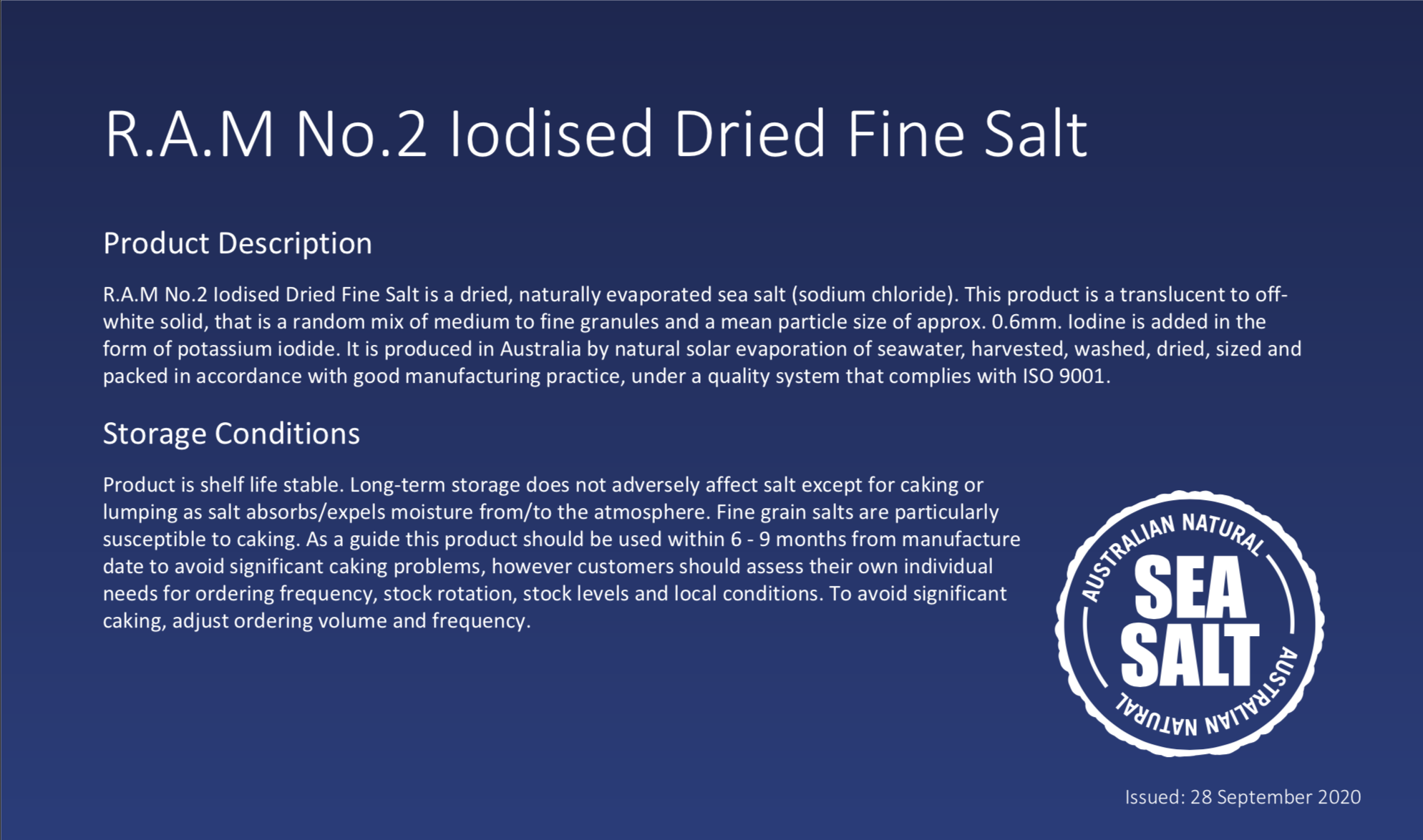 R.A.M. No.2 Iodised Dried Fine Salt product description. The product description includes information about storage conditions and how to use salt for stock feed. The product description includes a seal with text that reads 