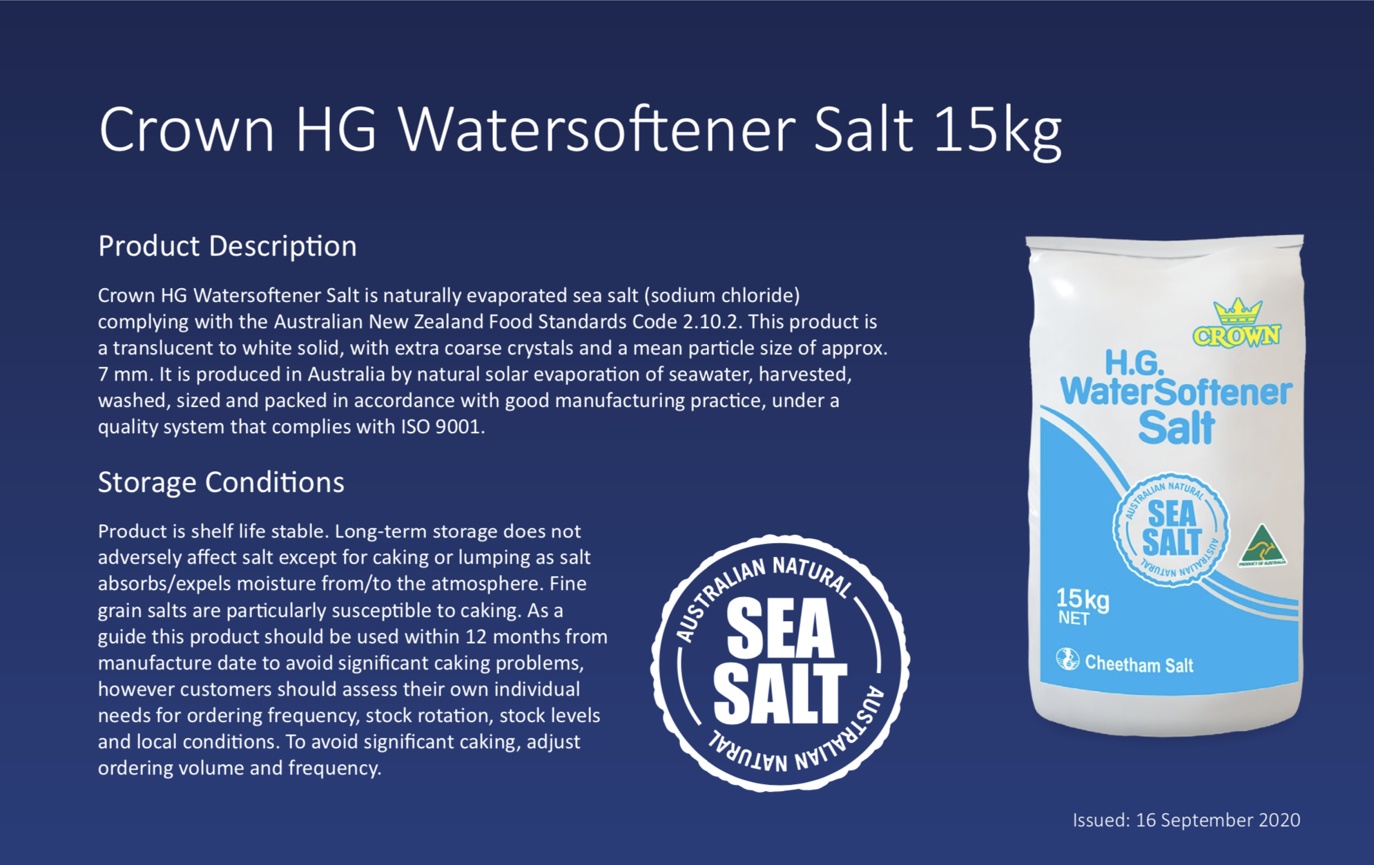 An image of Crown HG Watersoftener Salt product description and storage conditions