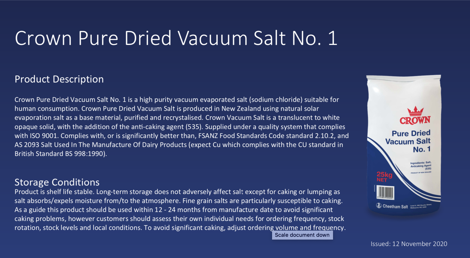 An image of Crown Pure Dried Vacuum Salt product description and storage conditions
